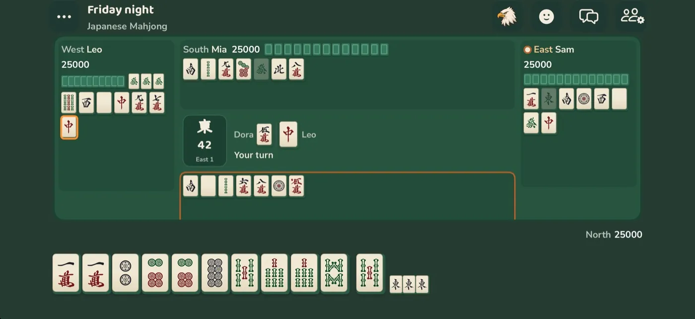 Japanese mahjong held sideways: your hand, the discards and the other players